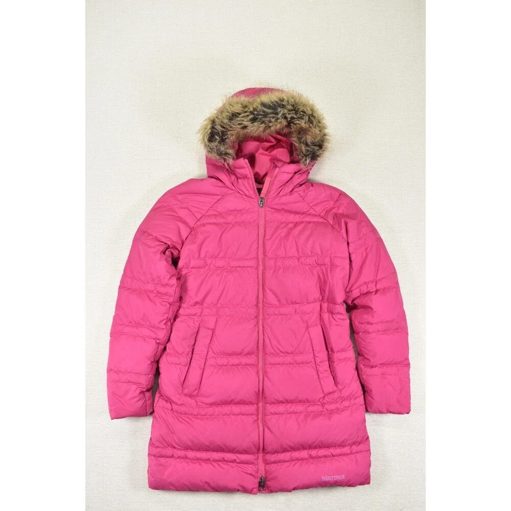 Marmot 700 Fill Down Parka Jacket Girls L Hot Pink Faux Fur Hooded Coat Puffer
